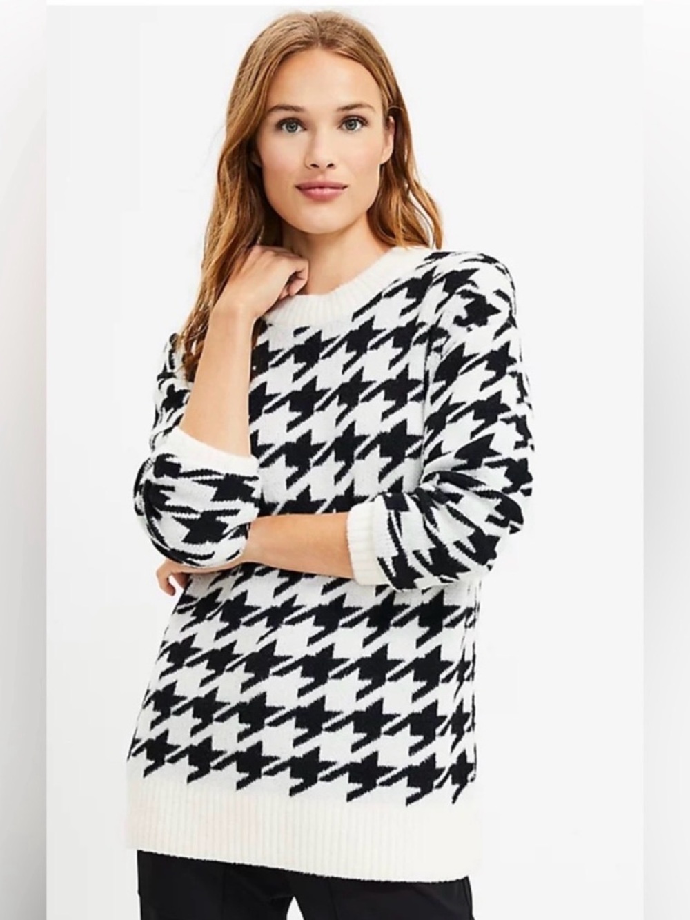 Lou & Grey Black & White Houndstooth Crewneck Sweater